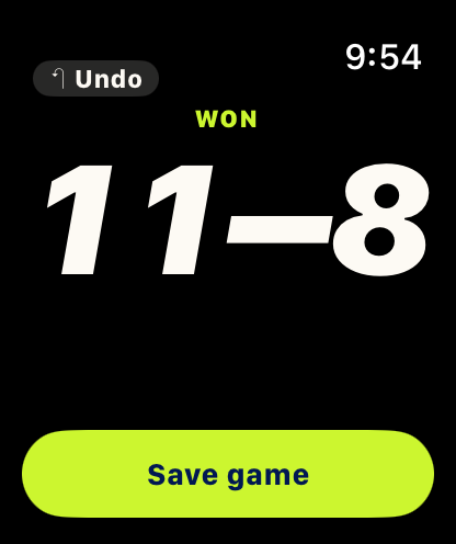 Apple Watch showing "Won, 11 to 8" with a large Save game button and an Undo button.